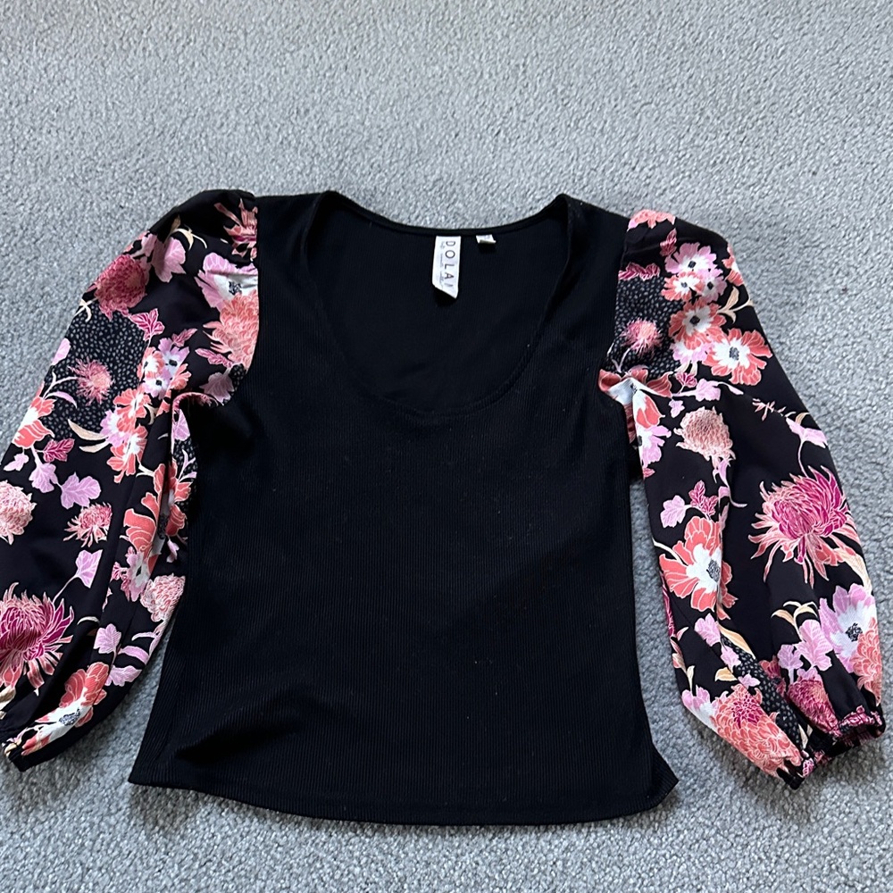Anthropology Dolan, Black Top with Pink Floral Sleeves